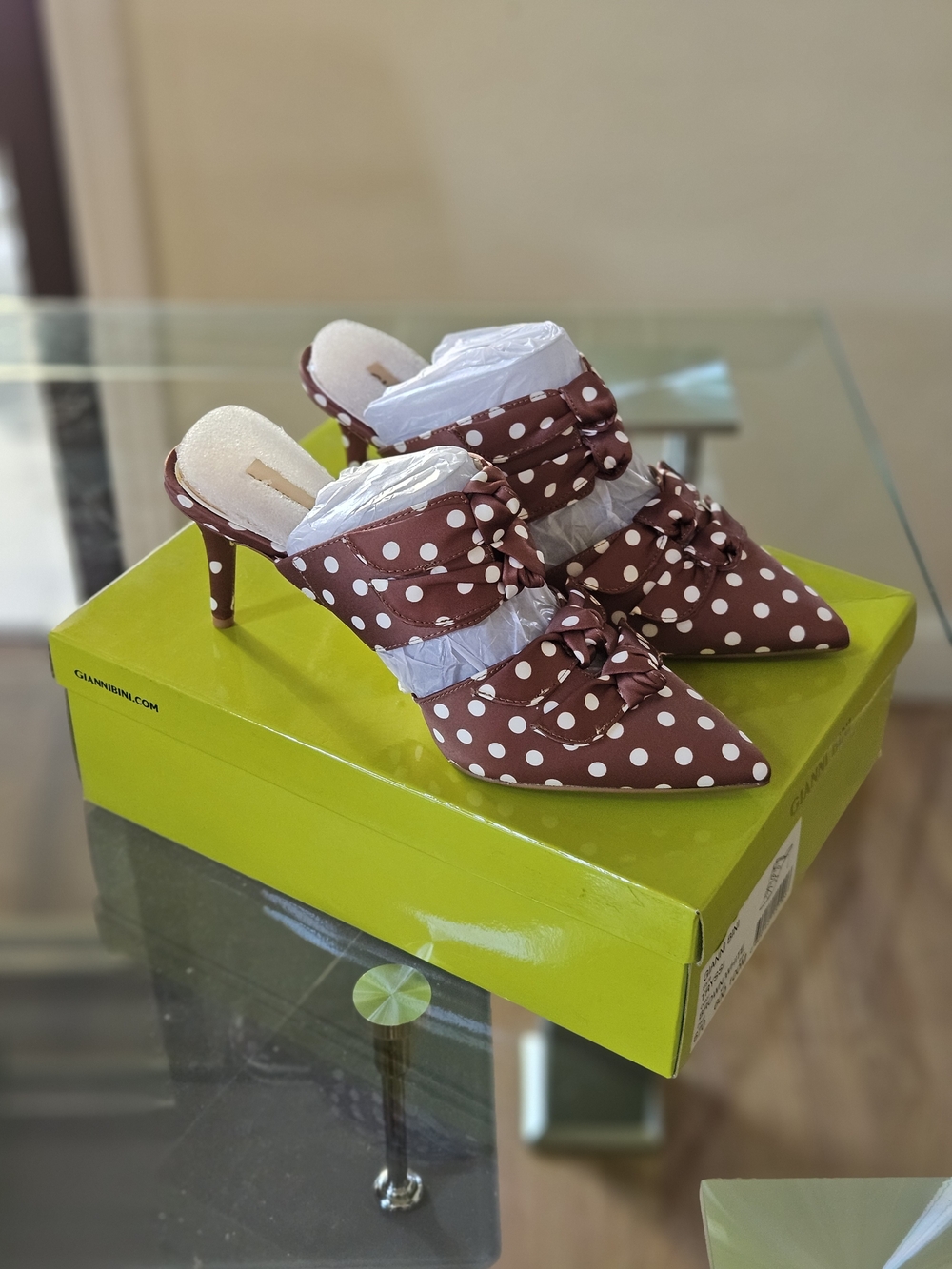 Polka Dot Pointed Toe Mule Heels - Brown/White